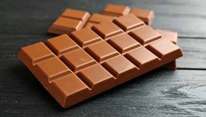 Milk Chocolate Bar Segments on Dark Wooden Surface