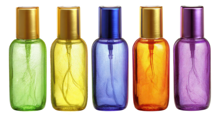 Colorful glass bottles collection, a vibrant quartet of various hues and tints colorful