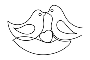 Two birds kissing over a heart in a nest line art single line love