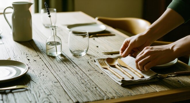 Hands setting a rustic dining table with wooden cutlery