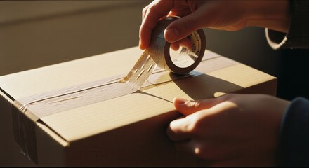 Close-up of hands packing and taping a cardboard box.