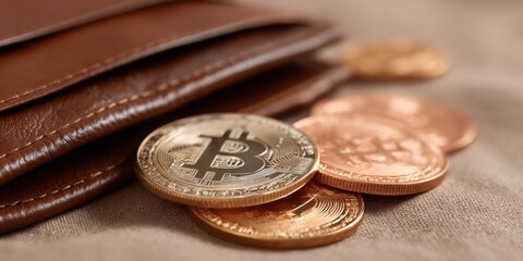 Close-Up View of Bitcoins and Cryptocurrency Coins Next to a Brown Leather Wallet on a Soft Fabric Surface