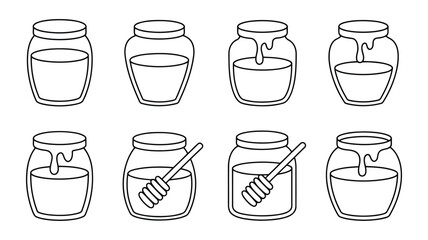 Honey Jar Icons: Eight Line Art Illustrations of Honey Pots, Some with Honey Dripping and Honey Dippers, for Sweet Food and Beverage Designs.
