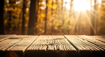 Wooden table with blurred autumn forest background and bright sunlight creating a warm and inviting scene
