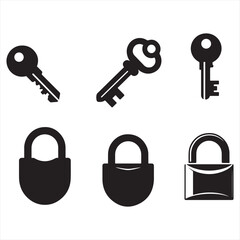 Collection of keys and locks in black and white simple security concept vector graphic elements for security illustration