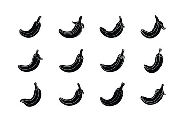 A collection of hand drawn black banana silhouettes in various poses and sizes