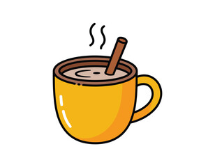 Cozy hot chocolate with cinnamon stick steaming warmly vector clipart, isolated on white background.