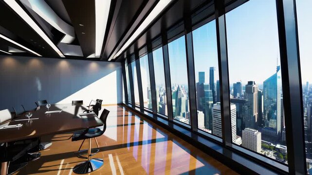 A modern conference room with large glass windows offers a stunning panoramic view of the city skyline. Sunlight fills the sleek business space, creating a professional yet inviting atmosphere for mee