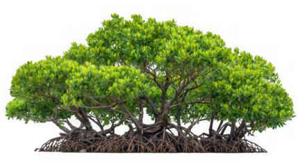 Lush green mangrove tree with exposed roots isolated on transparent background