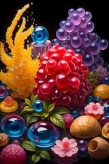 Playful Gummy and Fruit Confectionery Arrangement with Leaves and Flowers