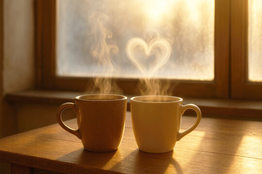 Two steaming mugs of coffee forming a heart shape with steam against a sunlit window