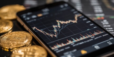 Mobile Device Displaying Cryptocurrency Price Chart with Bitcoin Coins on a Dark Background, Illustrating Market Trends and Financial Investments