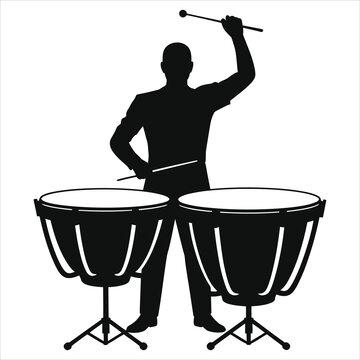 Silhouette of a drummer performing on two big timpani with mallets in bold black-and-white vector art, conveying energetic orchestral percussion, rhythm, and stage presence for education and promotion