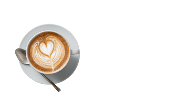 Flat lay of a white table with a coffee cup and spoon, heart-shaped latte art on top, with ample copy space for text in the middle, against a white  isolated on a transparent background in PNG format.