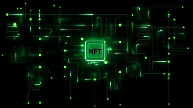 Futuristic glowing neon circuit board background with artificial nft ip theme, digital technology network, abstract high-tech schematic design, blue light lines and luminous connection 4k video.