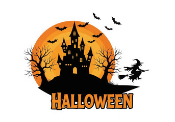 3d illustration of halloween haunted castle with witch flying on broomstick isolated on transparent background