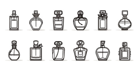 Collection of elegant perfume bottles in minimalist line art style representing luxury and sophisticated fragrance packaging options for beauty and personal care products
