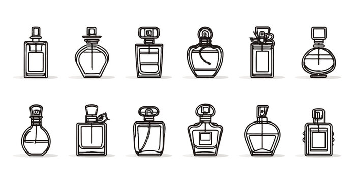 Collection of elegant perfume bottles in minimalist line art style representing luxury and sophisticated fragrance packaging options for beauty and personal care products