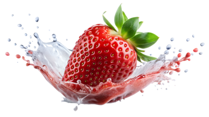 Fresh red strawberry with water splash isolated on transparent background for healthy eating and summer refreshment