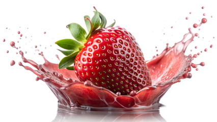 Juicy red strawberry with juice splash isolated on transparent background for healthy eating and summer refreshment