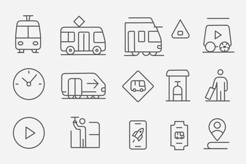 Linear icon set about urban mobility: buses, trams, metro, stops, passengers, tickets, schedules, location and transport apps. Minimalist stroke style perfect for smart city and public transit project