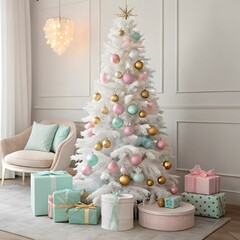 Christmas Tree, Holiday Card with Christmas Trees, Christmas Tree with Colorful Ornaments Isolated on White Background - Detailed Colored Illustration for Your Merry Christmas Greeting,