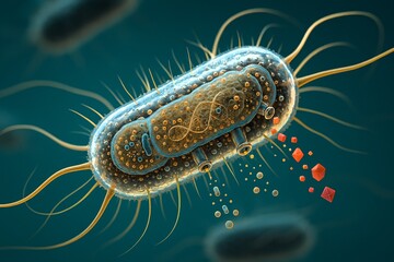 Highly Detailed 3D Illustration of Bacterium Showing Internal Structures and External Appendages in Microbial Environment