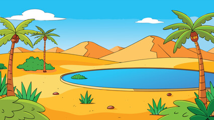 Obraz premium Desert oasis with palm trees and blue water blue sky
