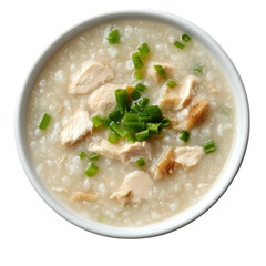 Fototapeta premium Chicken Congee with Green Onions in a White Bowl, Comforting Asian Dish for Breakfast or Dinner on transparent background