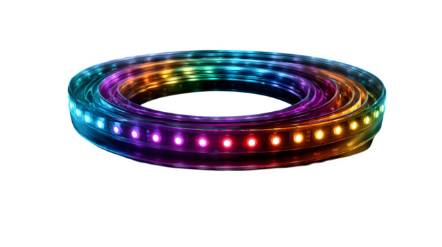 Vibrant LED strip light glowing with a spectrum of colors, perfect for modern decor and dynamic accent lighting solutions. Isolated to Transparent Background