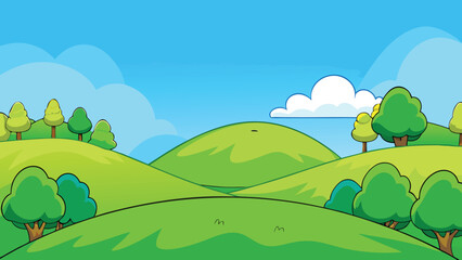 Fototapeta premium Green rolling hills with trees and clouds cartoon vector