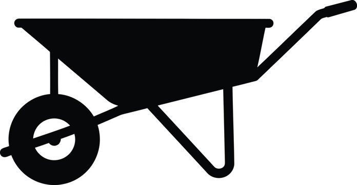Solid black silhouette of a wheelbarrow with single wheel, side view, flat 2D vector, white background 