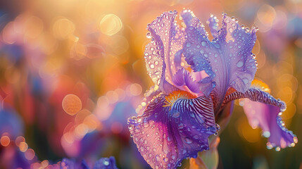 A close-up of a blooming iris with morning dew