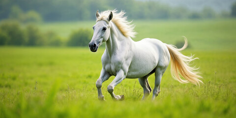 Obraz premium Majestic White Horse Galloping in a Lush Green Field