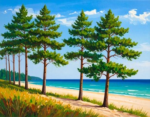 Coastal pine trees on a sunny beach