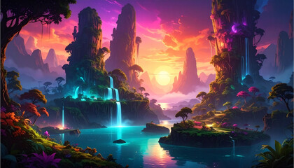 A breathtaking fantasy landscape with waterfalls, mountains, and a vibrant sunset, creating a sense of wonder and tranquility in nature