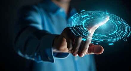 A hand interacts with a futuristic digital interface, representing technology and innovation in communication