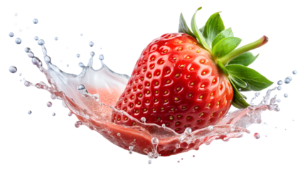 Fresh red strawberry with water splash isolated on transparent background for healthy eating and spring refreshment