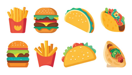 Colorful and Bright Assortment of Fast Food Icons Featuring Burgers Fries Tacos and Wraps Ideal for Menu Design and Promotional Materials