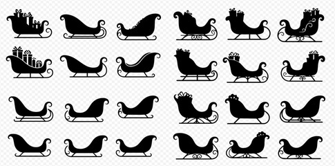 A collection of black silhouette icons featuring various designs of Santa's sleigh, some empty and some filled with presents.