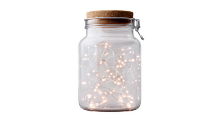Fairy lights in glass jar, isolated on transparent background