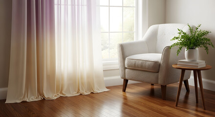 Cozy Reading Nook with Ombre Curtains, White Armchair, small round wooden side table with books and a potted plant, set against a backdrop of warm wooden floors and large windows