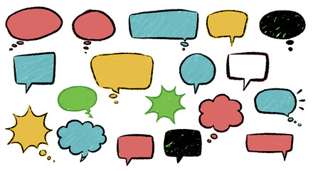 Set of colorful speech and thought bubbles. Crayon speech bubbles doodle set. Children pencil dialog balloon doodle text cloud. Vector, transparent PNG version.