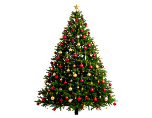 Fototapeta premium Festive Evergreen Tree Decorated with Red and Gold Ornaments, PNG Cutout.