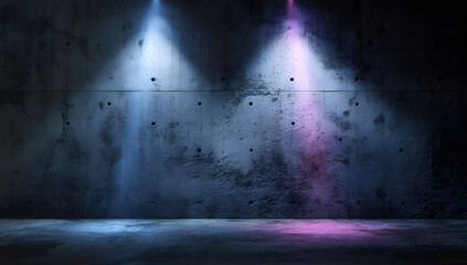 Dark textured concrete wall with laser lights. Abstract black grunge background with colors.