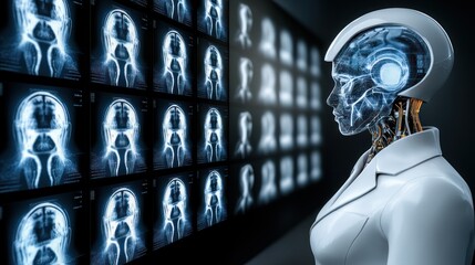 Futuristic medical diagnostic with advanced technology and cyborg analysis scanning reports for