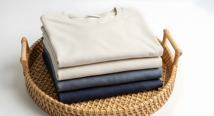 Folded t-shirts in a wicker basket on white table