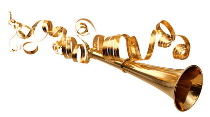 Golden Party Horn with Streamers, isolated on transparent background