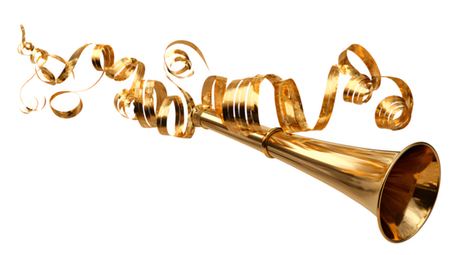 Golden Party Horn with Streamers, isolated on transparent background