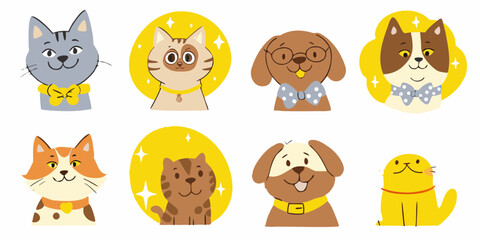 Collection of cute cartoon cats and dogs with accessories